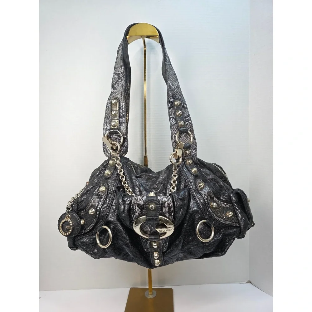 Guess Shoulder Bag Black Snakeskin Y2K Studded Hobo Purse Silver Hardware G Logo